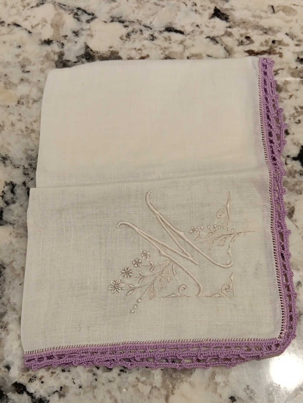Exceptional Vintage White Embroidered M Linen Handkerchief with Crochet Edge